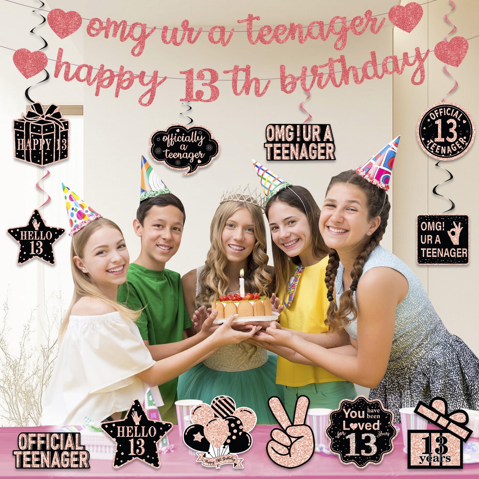 Rose Gold Glitter 13th Birthday Banner Set - Pre-Strung Hanging Swirls & Decorative Cards for Girls' Party Decor
