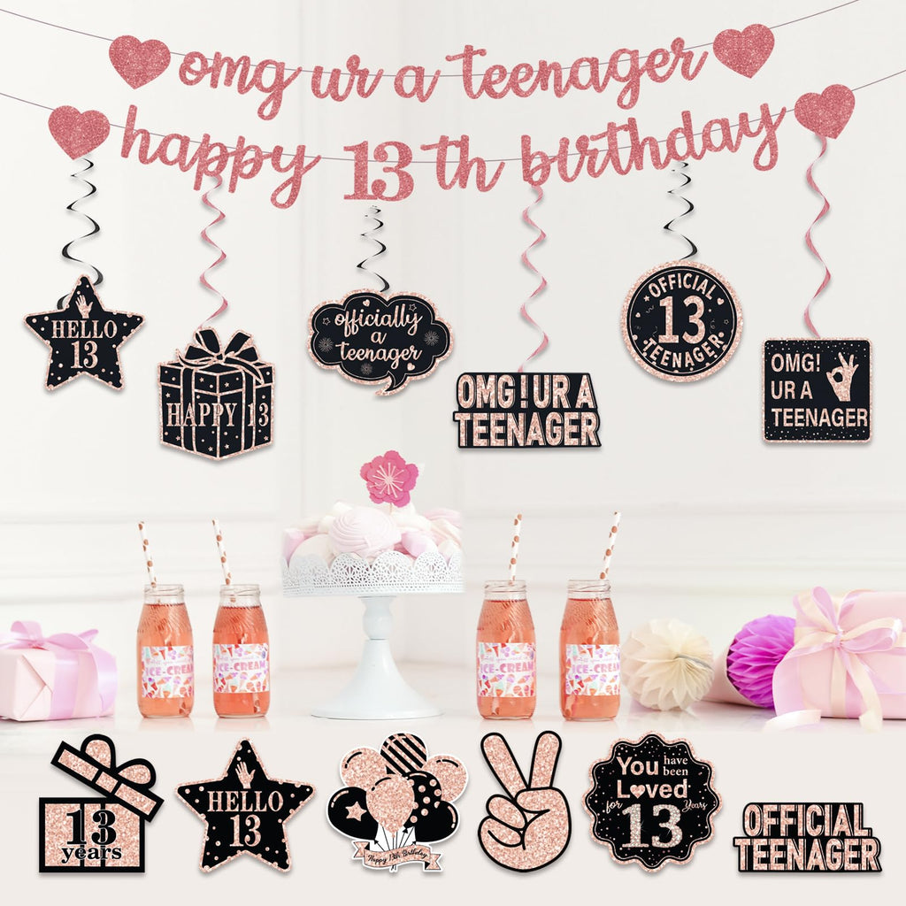 Rose Gold Glitter 13th Birthday Banner Set - Pre-Strung Hanging Swirls & Decorative Cards for Girls' Party Decor