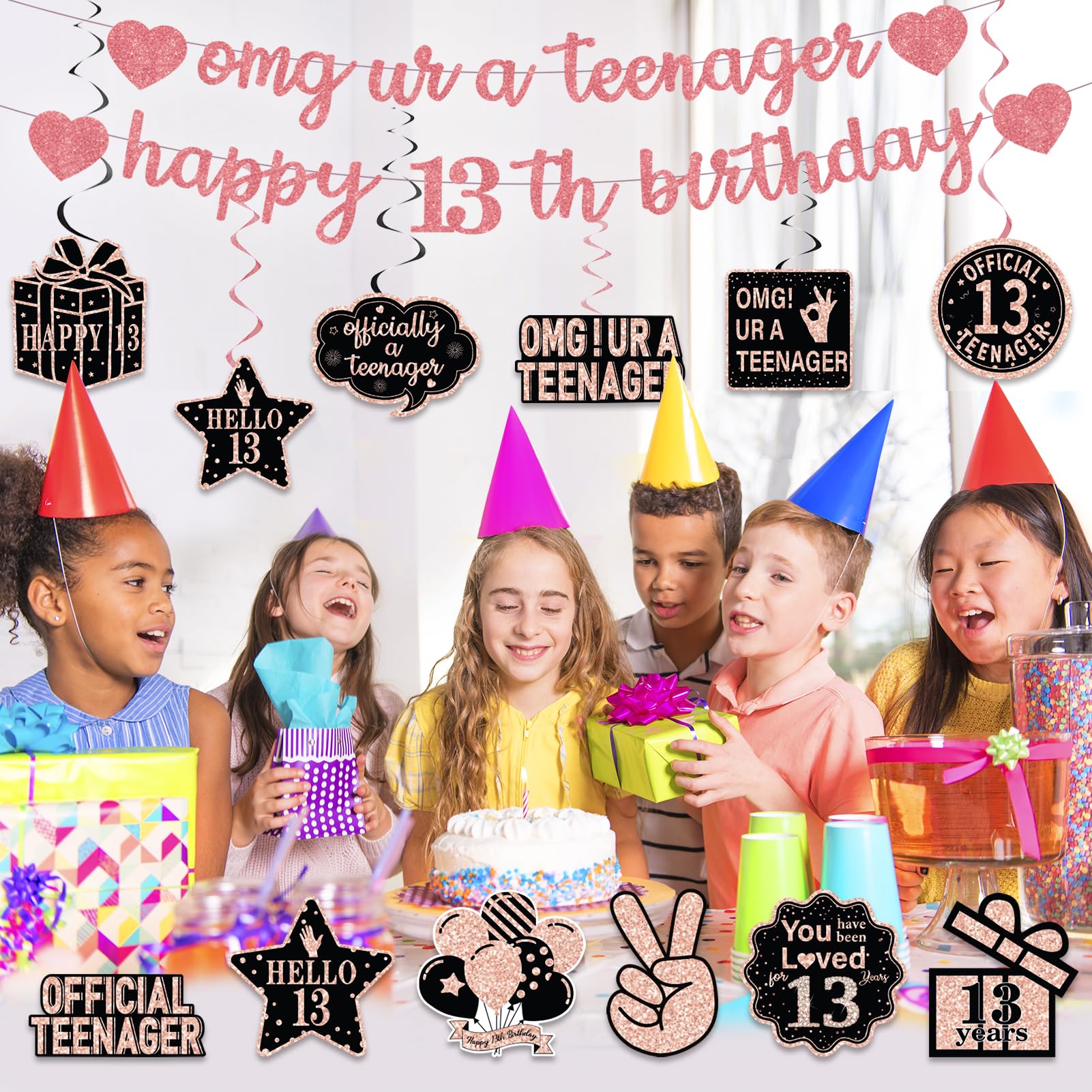 Rose Gold Glitter 13th Birthday Banner Set - Pre-Strung Hanging Swirls & Decorative Cards for Girls' Party Decor