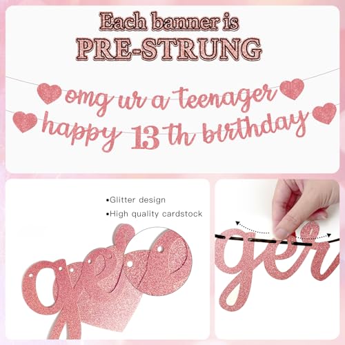 Rose Gold Glitter 13th Birthday Banner Set - Pre-Strung Hanging Swirls & Decorative Cards for Girls' Party Decor