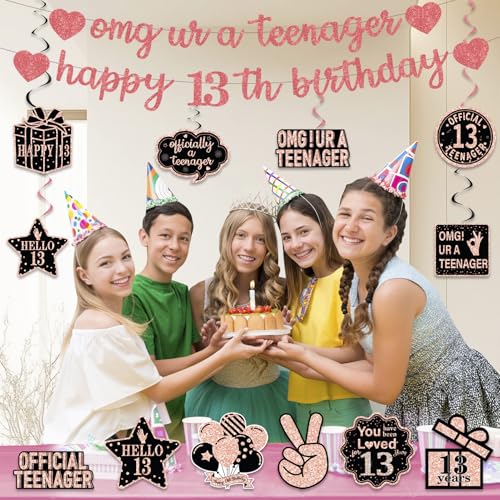 Rose Gold Glitter 13th Birthday Banner Set - Pre-Strung Hanging Swirls & Decorative Cards for Girls' Party Decor