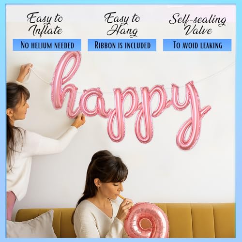 Rose Gold Happy Birthday Balloons Banner - Cursive Foil Letter Sign, Reusable Party Decoration by Gala Supplies