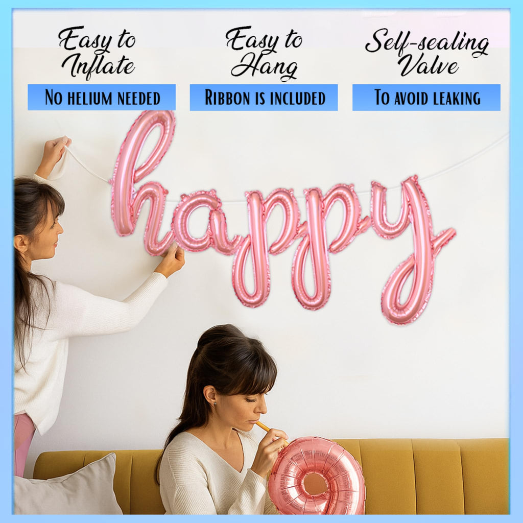 Rose Gold Happy Birthday Balloons Banner - Cursive Foil Letter Sign, Reusable Party Decoration by Gala Supplies