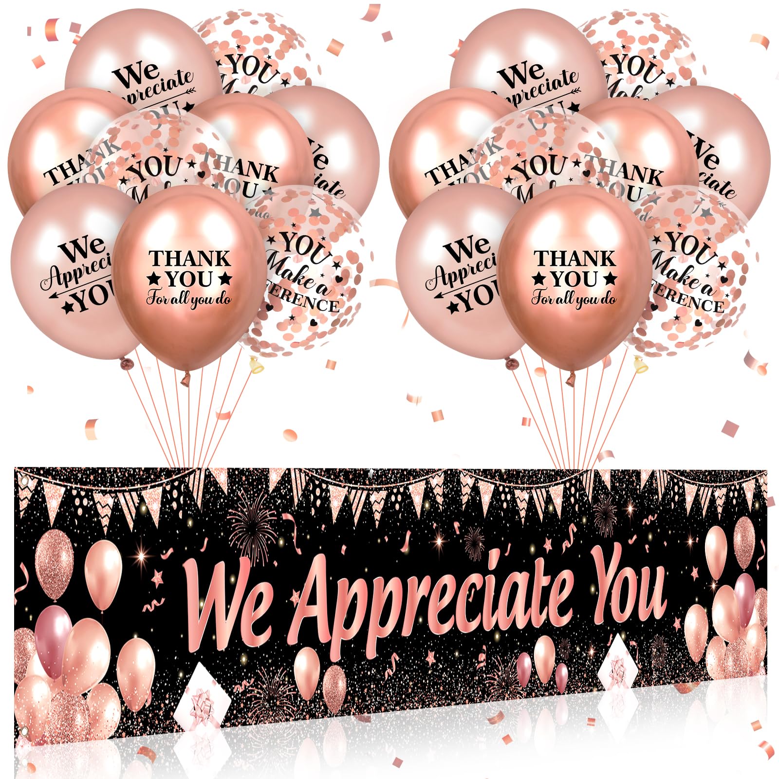 Rose Gold We Appreciate You Banner and Balloons Set – 18-Piece Appreciation Party Decor