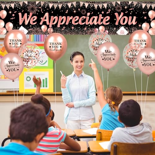 Rose Gold We Appreciate You Banner and Balloons Set – 18-Piece Appreciation Party Decor