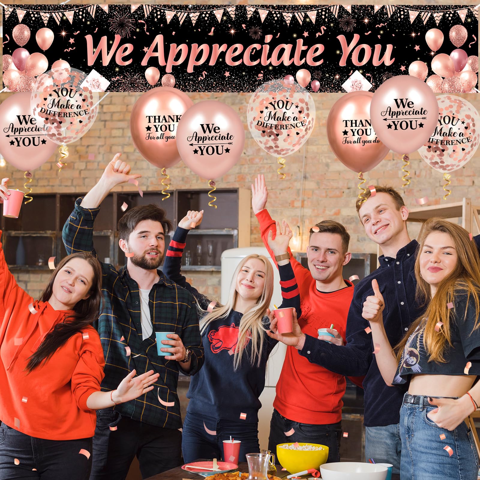 Rose Gold We Appreciate You Banner and Balloons Set – 18-Piece Appreciation Party Decor