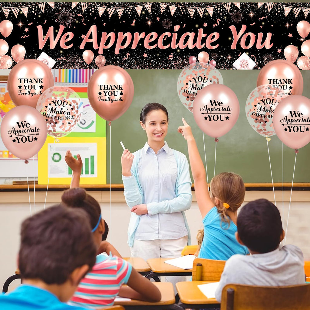 Rose Gold We Appreciate You Banner and Balloons Set – 18-Piece Appreciation Party Decor