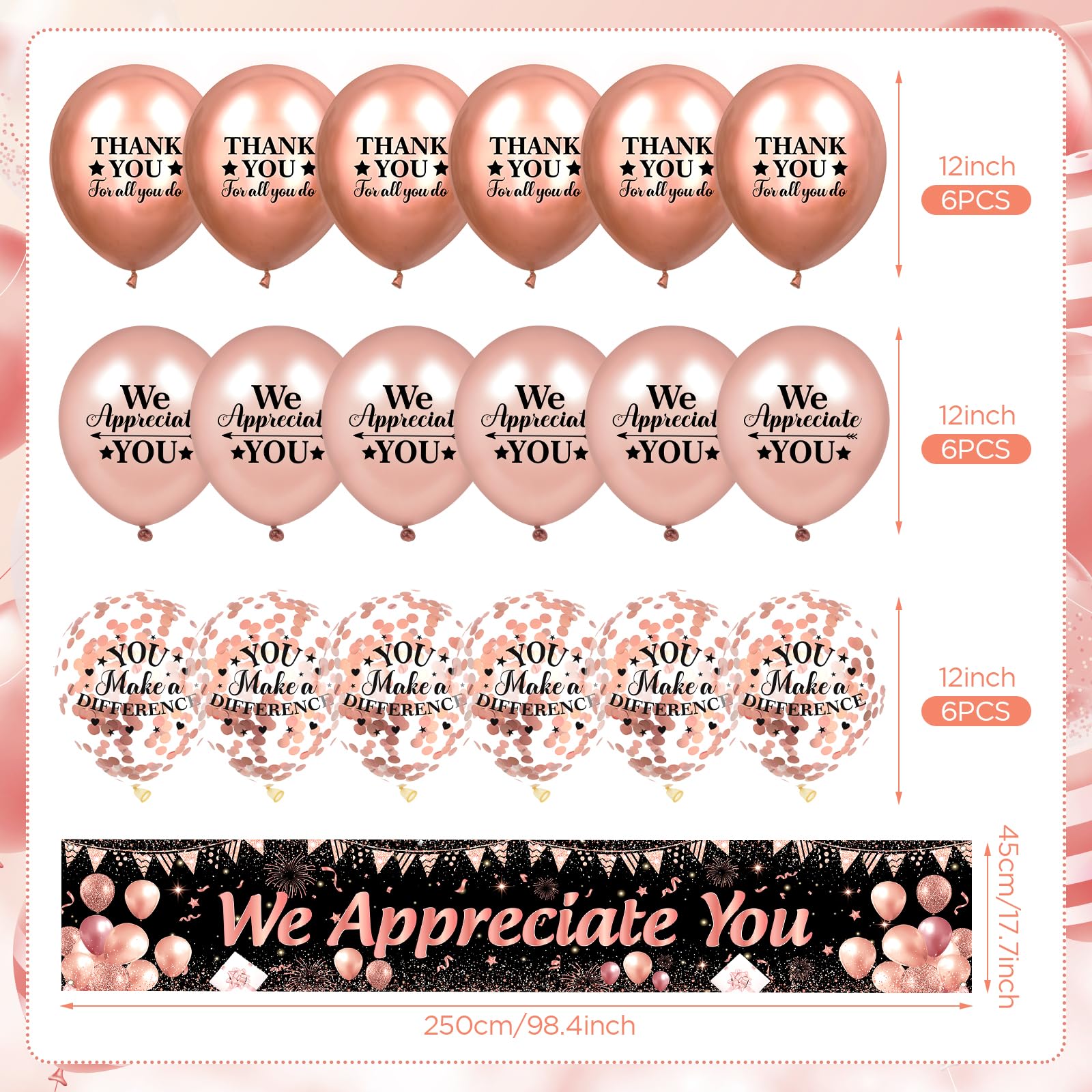 Rose Gold We Appreciate You Banner and Balloons Set – 18-Piece Appreciation Party Decor