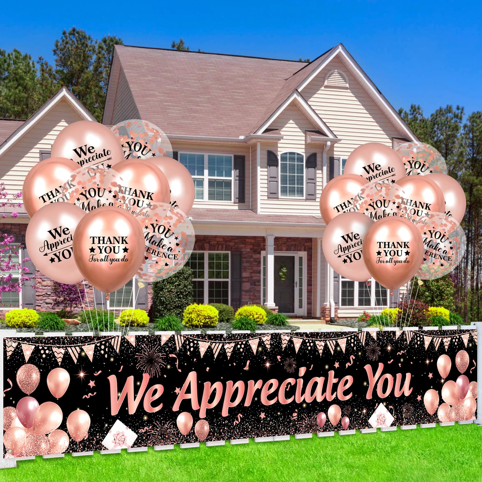 Rose Gold We Appreciate You Banner and Balloons Set – 18-Piece Appreciation Party Decor