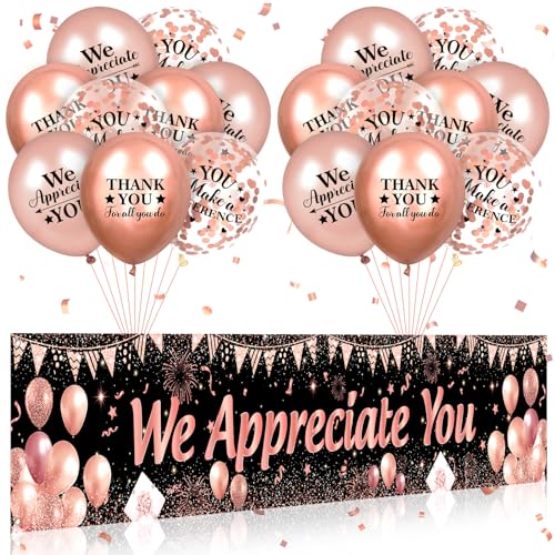 Rose Gold We Appreciate You Banner and Balloons Set – 18-Piece Appreciation Party Decor