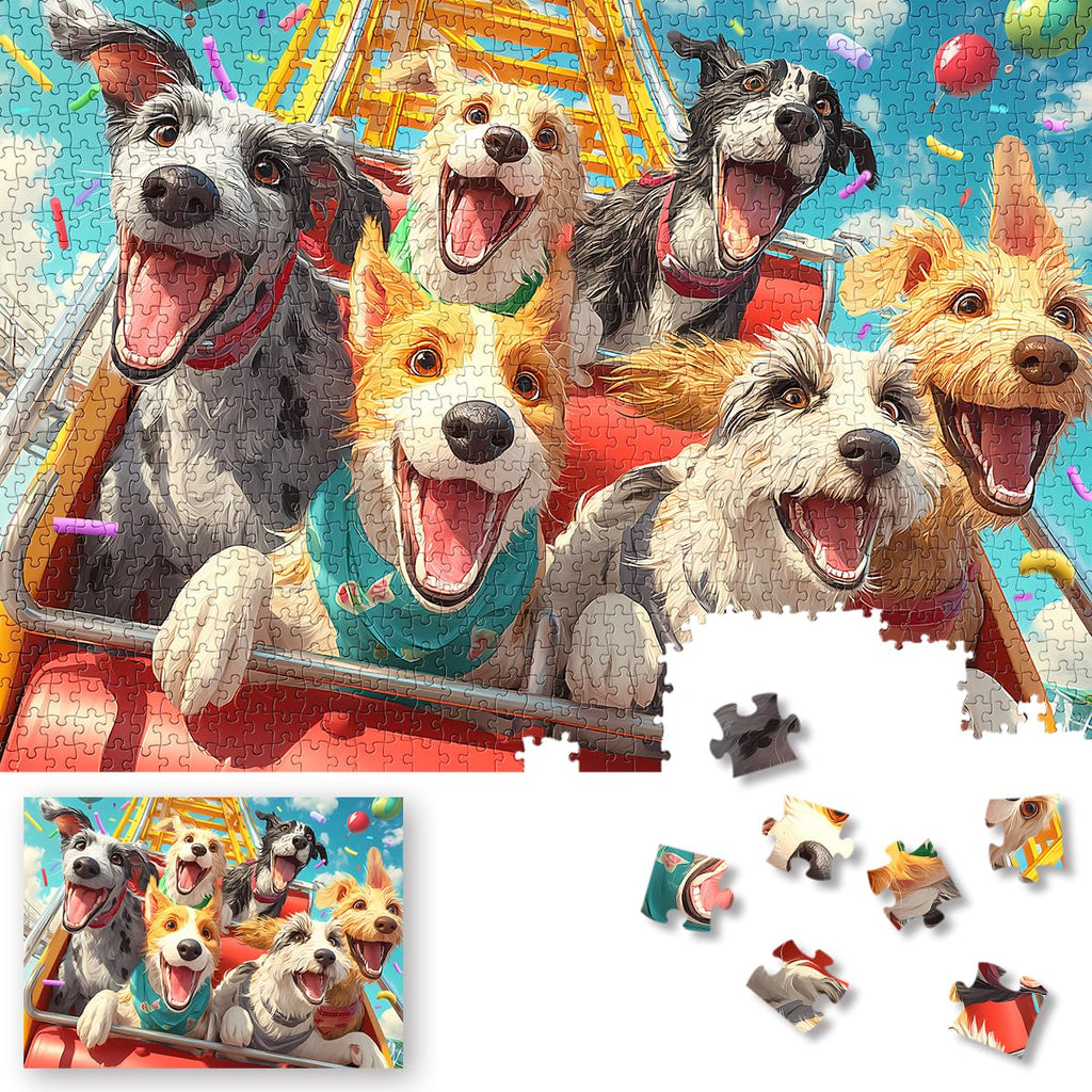 ROSE RAIN 1000 Piece Jigsaw Puzzle for Adults – Cartoon Dogs on Roller Coaster, Thick Dust-Free Board with Letters on Back, Fun Family Game Night Gift