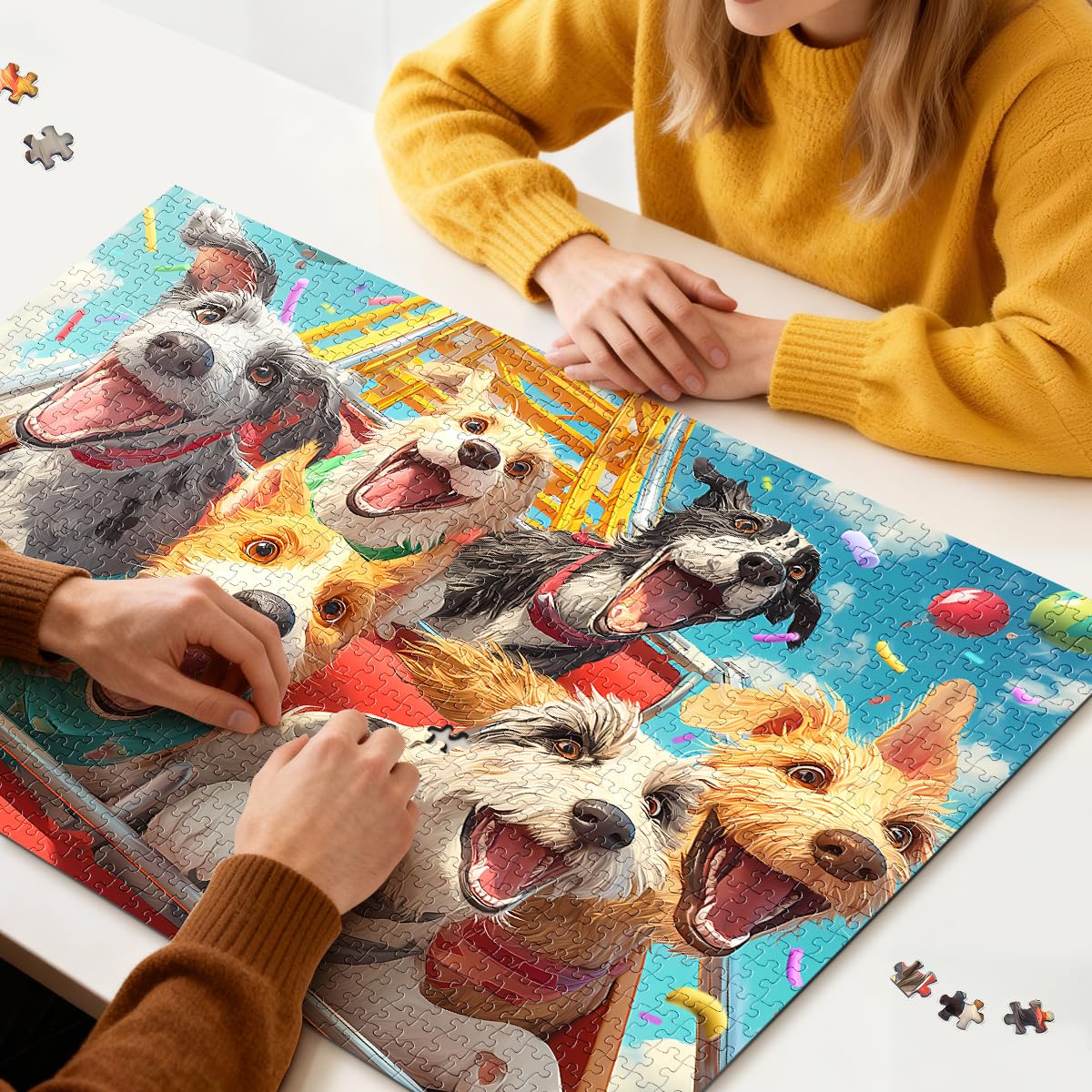 ROSE RAIN 1000 Piece Jigsaw Puzzle for Adults – Cartoon Dogs on Roller Coaster, Thick Dust-Free Board with Letters on Back, Fun Family Game Night Gift