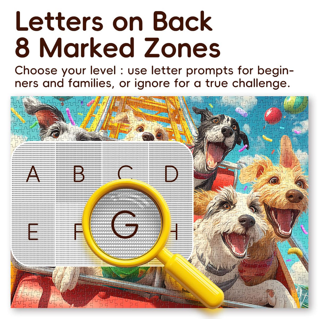ROSE RAIN 1000 Piece Jigsaw Puzzle for Adults – Cartoon Dogs on Roller Coaster, Thick Dust-Free Board with Letters on Back, Fun Family Game Night Gift