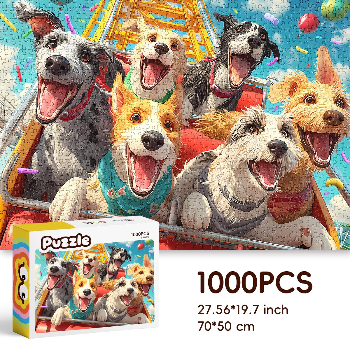 ROSE RAIN 1000 Piece Jigsaw Puzzle for Adults – Cartoon Dogs on Roller Coaster, Thick Dust-Free Board with Letters on Back, Fun Family Game Night Gift