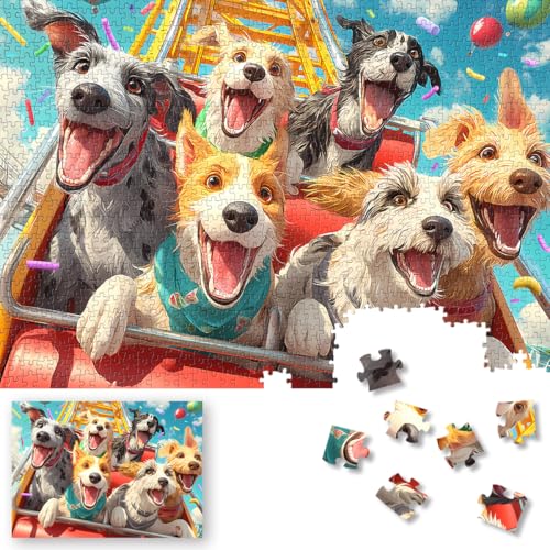 ROSE RAIN 1000 Piece Jigsaw Puzzle for Adults – Cartoon Dogs on Roller Coaster, Thick Dust-Free Board with Letters on Back, Fun Family Game Night Gift