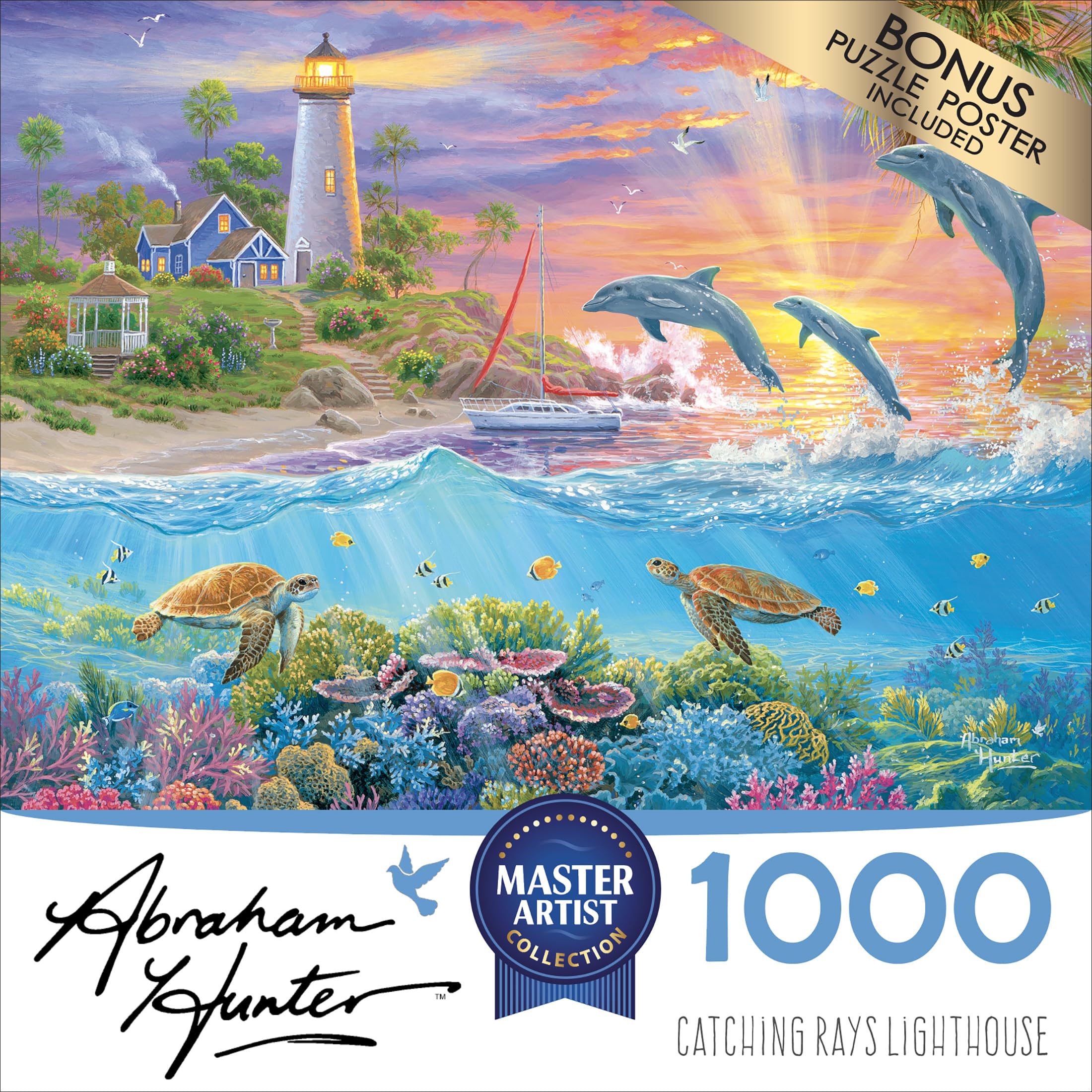 RoseArt 1000-Piece Jigsaw Puzzle: Abraham Hunter's Catching Rays Lighthouse – Vibrant Ocean Scene