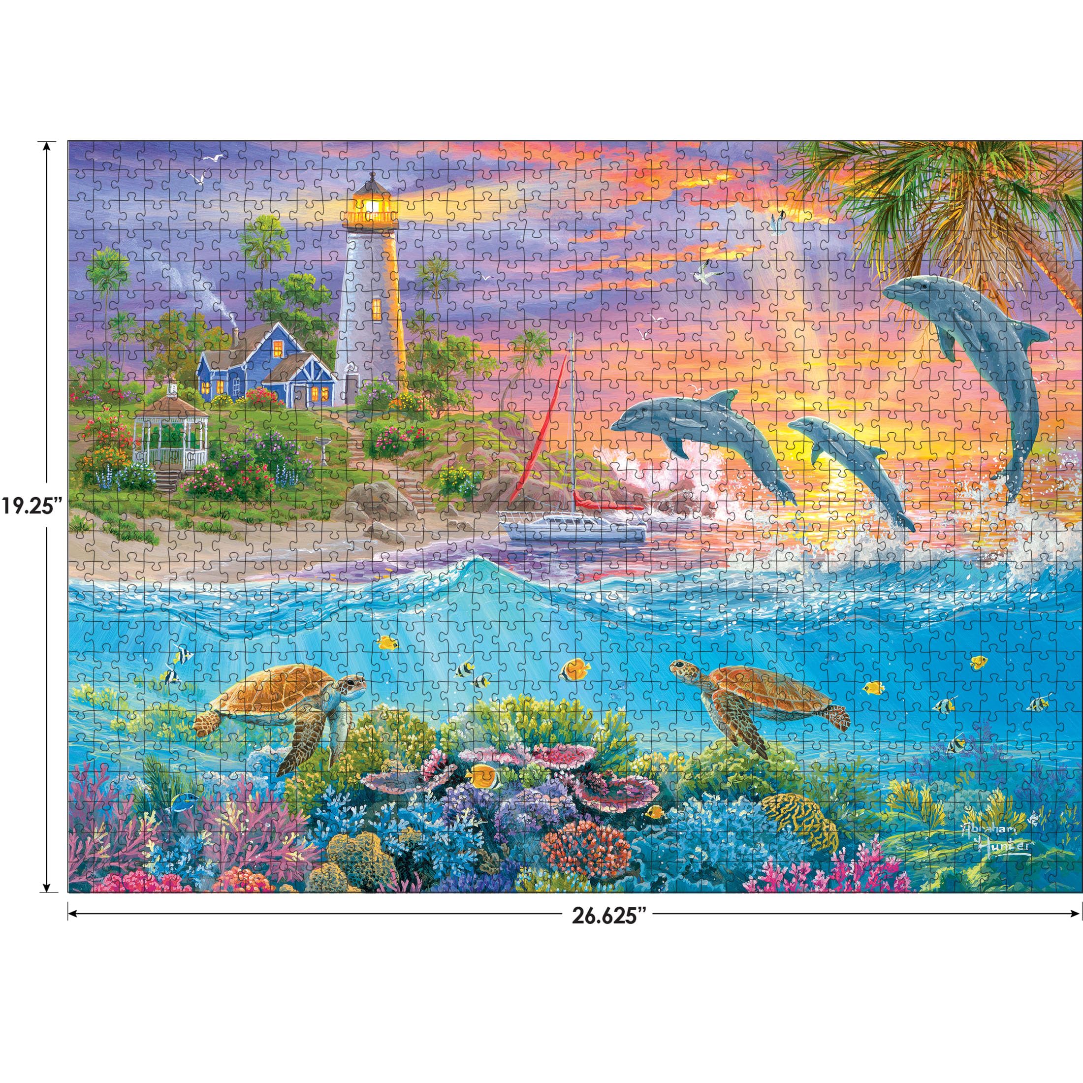 RoseArt 1000-Piece Jigsaw Puzzle: Abraham Hunter's Catching Rays Lighthouse – Vibrant Ocean Scene