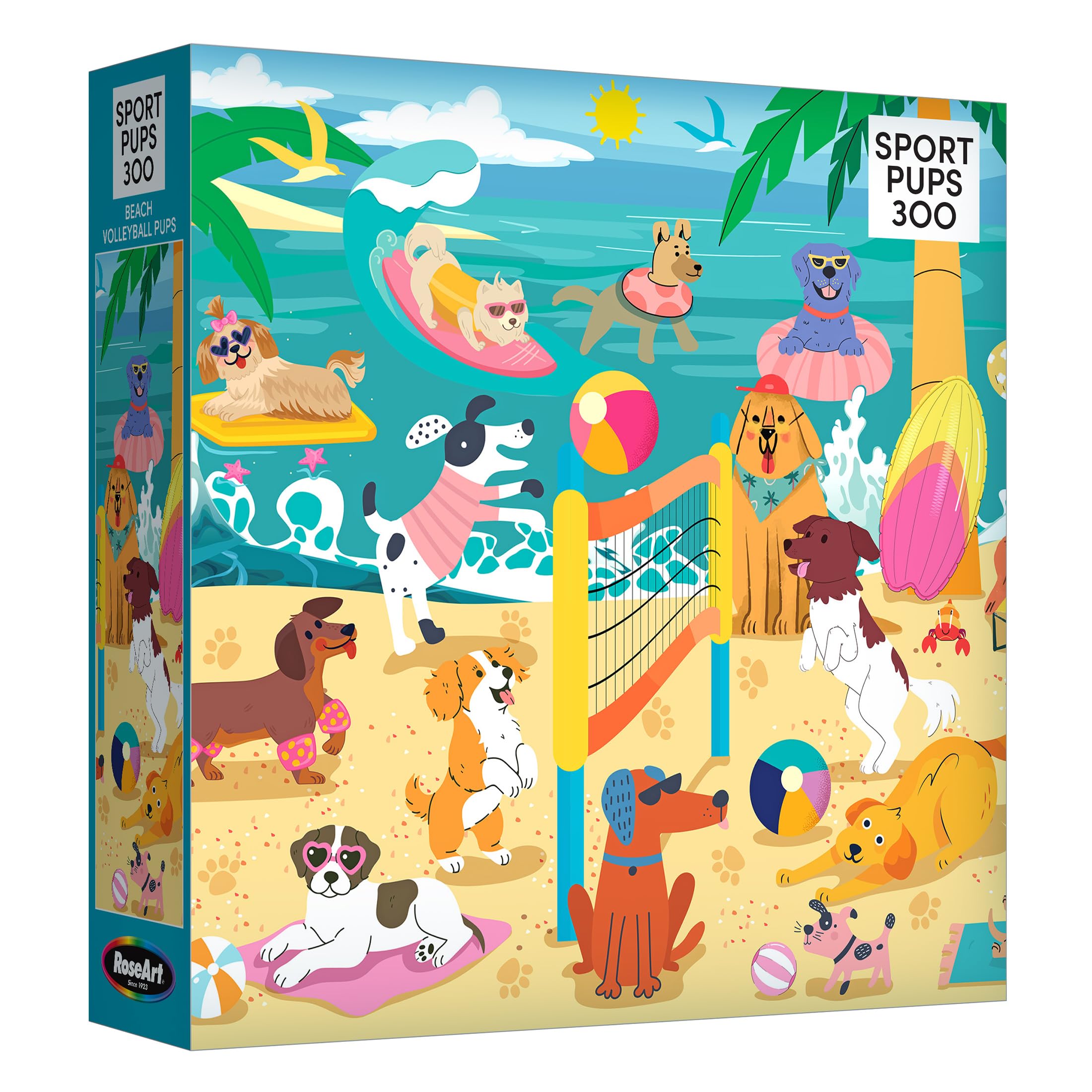 RoseArt Beach Volleyball Pups 300-Piece Jigsaw Puzzle – Dog-Themed Beach Scene, 18x24 Inches, Made in USA