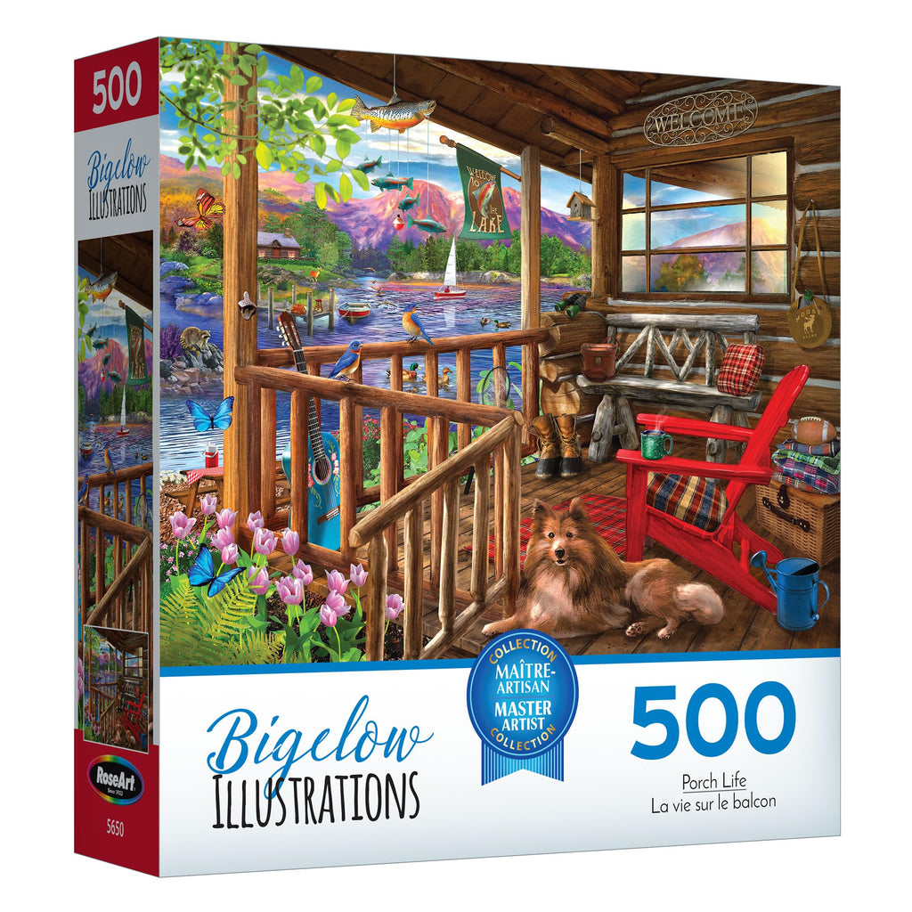 RoseArt Bigelow Illustrations Porch Life 500 Piece Jigsaw Puzzle – Lake Cabin Scene
