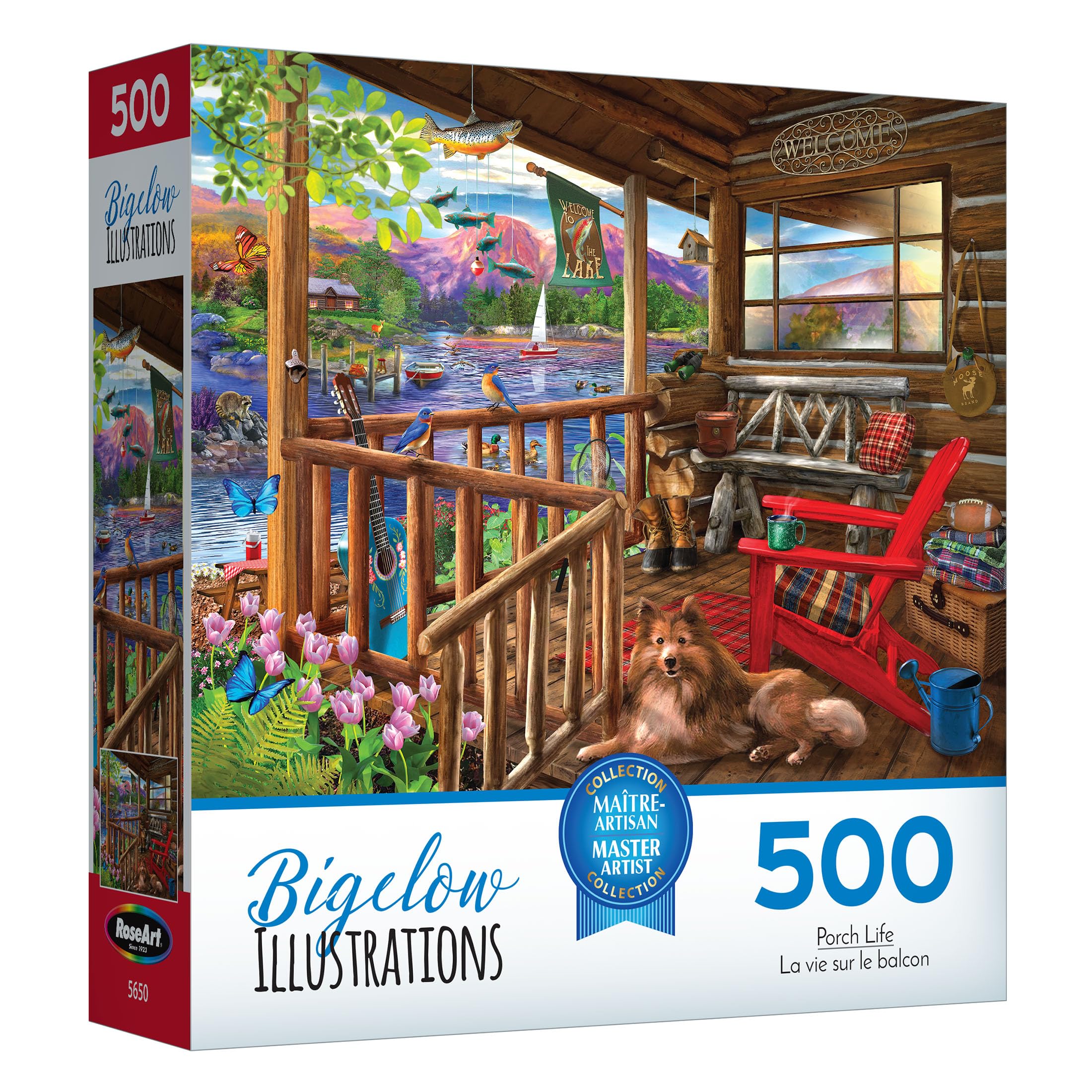 RoseArt Bigelow Illustrations Porch Life 500 Piece Jigsaw Puzzle – Lake Cabin Scene