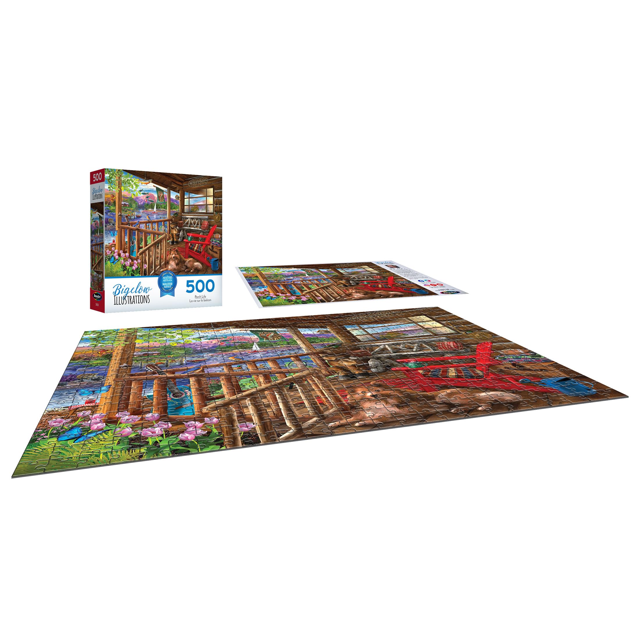 RoseArt Bigelow Illustrations Porch Life 500 Piece Jigsaw Puzzle – Lake Cabin Scene