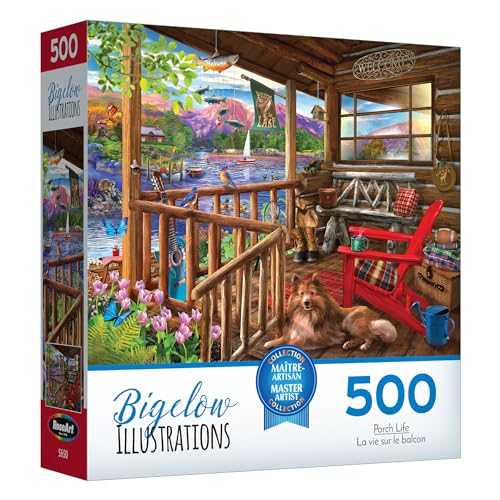 RoseArt Bigelow Illustrations Porch Life 500 Piece Jigsaw Puzzle – Lake Cabin Scene