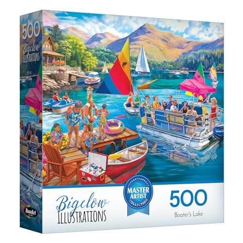 RoseArt Chris Bigelow Boater's Lake 500-Piece Jigsaw Puzzle – Summer Lake Scene for Adults