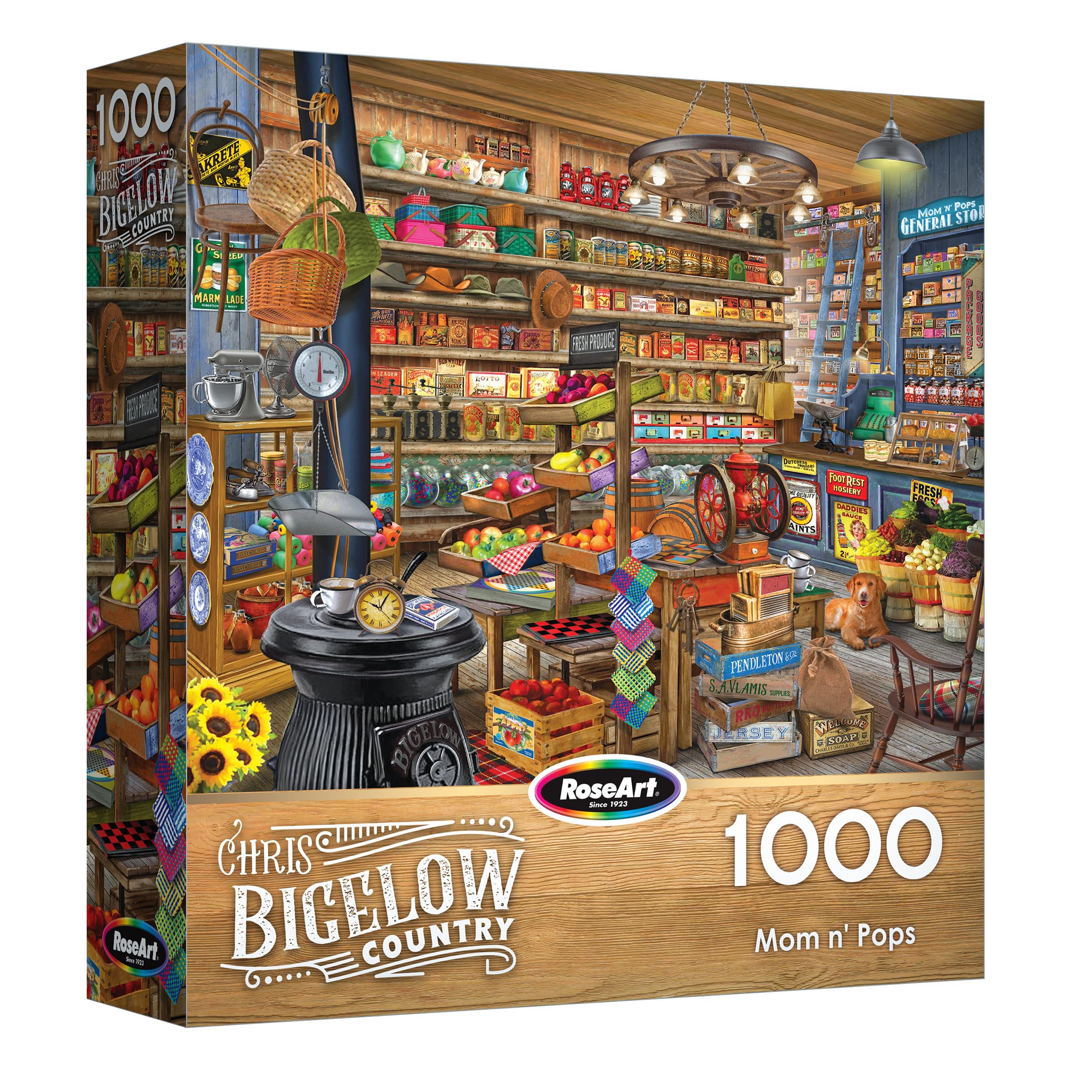 RoseArt Chris Bigelow Country Mom and Pops 1000 Piece Jigsaw Puzzle – Vintage General Store, 26.625 x 19.25 in., Made in USA