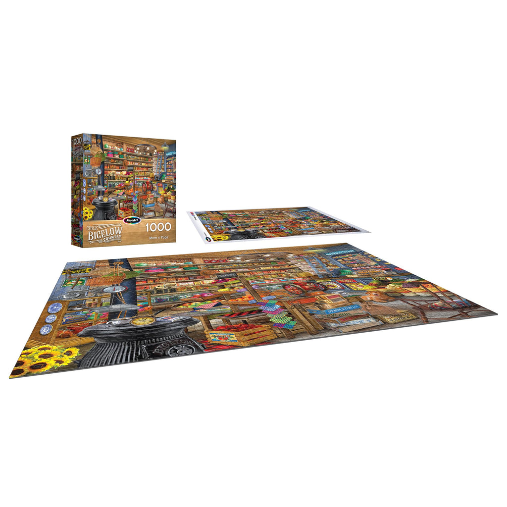 RoseArt Chris Bigelow Country Mom and Pops 1000 Piece Jigsaw Puzzle – Vintage General Store, 26.625 x 19.25 in., Made in USA