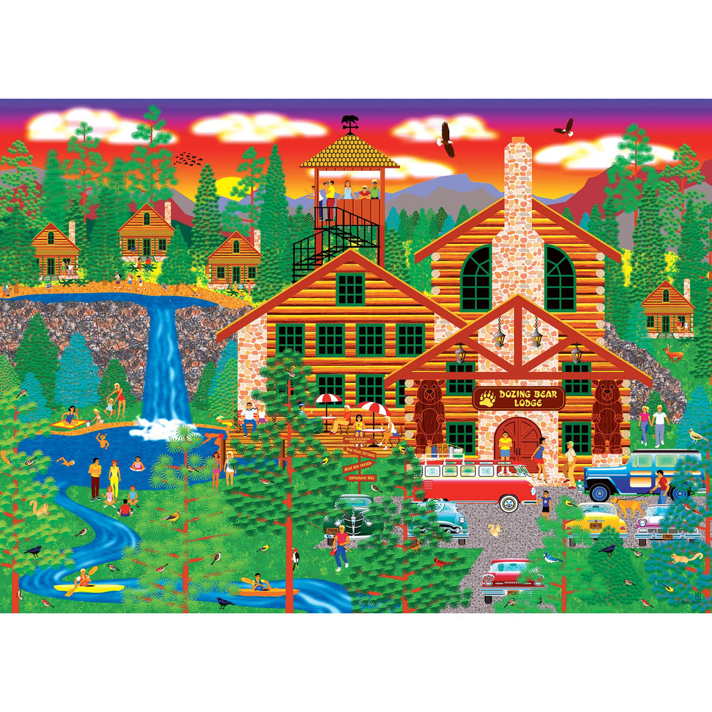 RoseArt Dozing Bear Lodge 1000-Piece Jigsaw Puzzle – Americana Cabin Scene by Mark Frost