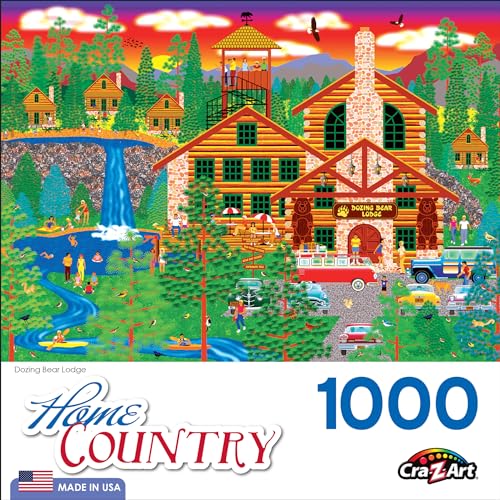 RoseArt Dozing Bear Lodge 1000-Piece Jigsaw Puzzle – Americana Cabin Scene by Mark Frost