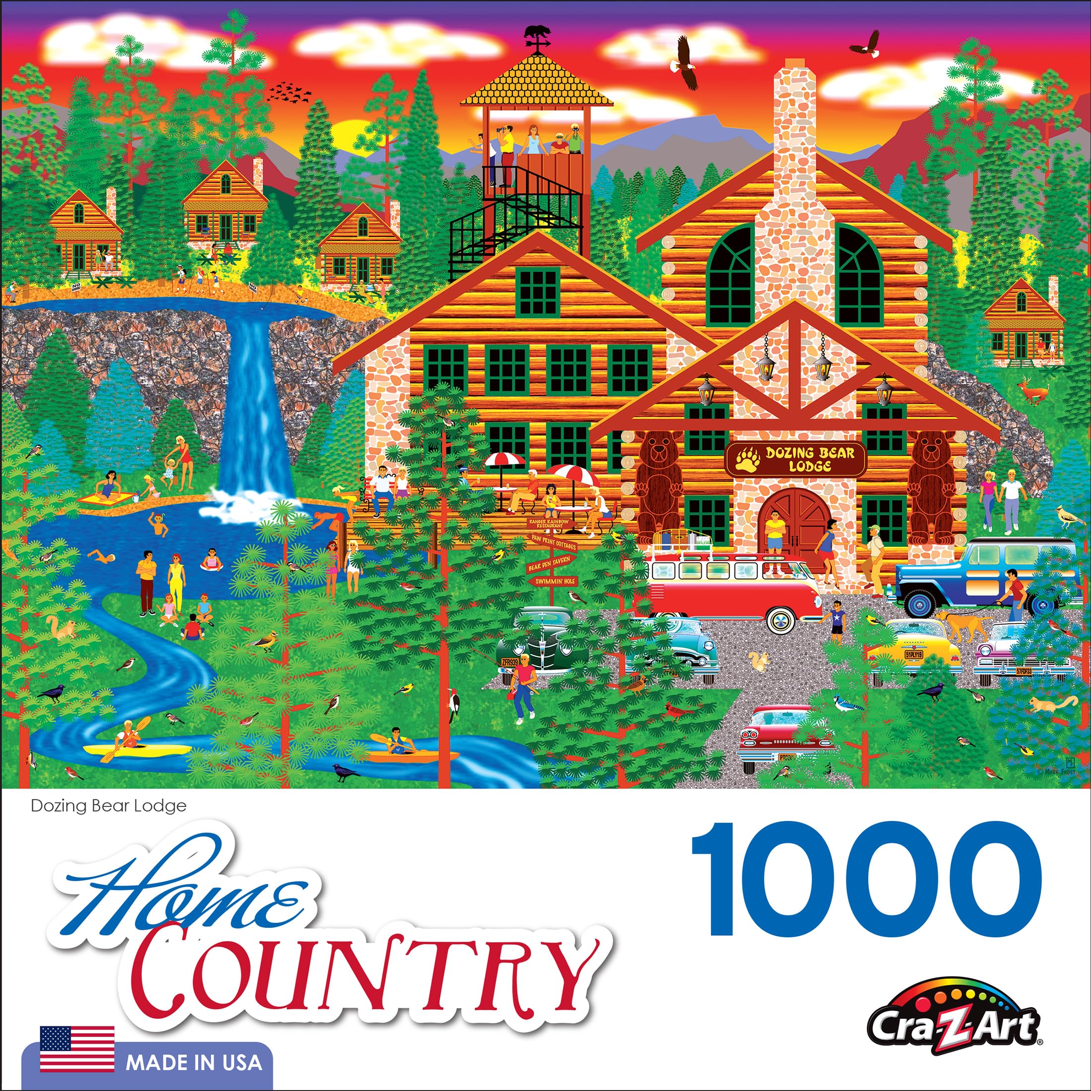 RoseArt Dozing Bear Lodge 1000-Piece Jigsaw Puzzle – Americana Cabin Scene by Mark Frost