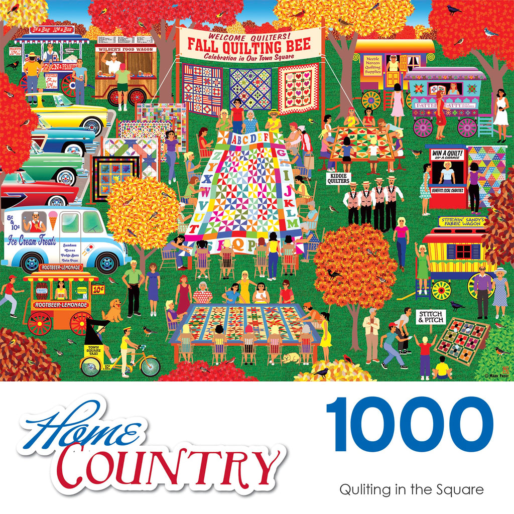 RoseArt Home Country Quilting in the Square 1000 Piece Jigsaw Puzzle – Fall Quilting Bee Scene