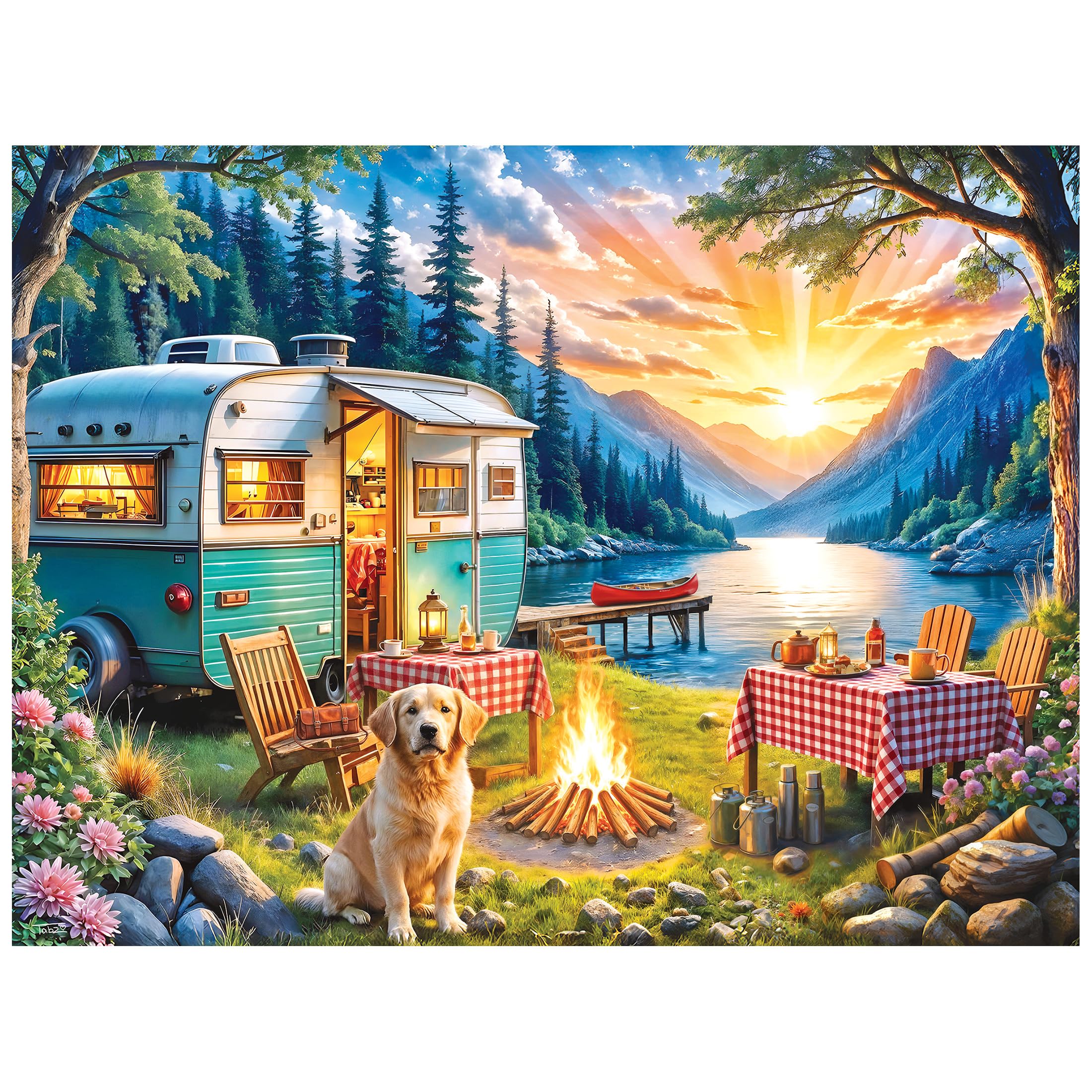RoseArt Kodak Premium 350-Piece Jigsaw: Sunset Camper with Golden Retriever - 24x18 Inches