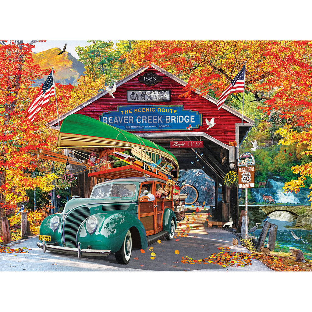 RoseArt Kodak Premium Cork 1000-Piece Jigsaw Puzzle: Covered Bridge Autumn Scene