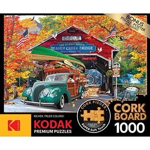 RoseArt Kodak Premium Cork 1000-Piece Jigsaw Puzzle: Covered Bridge Autumn Scene
