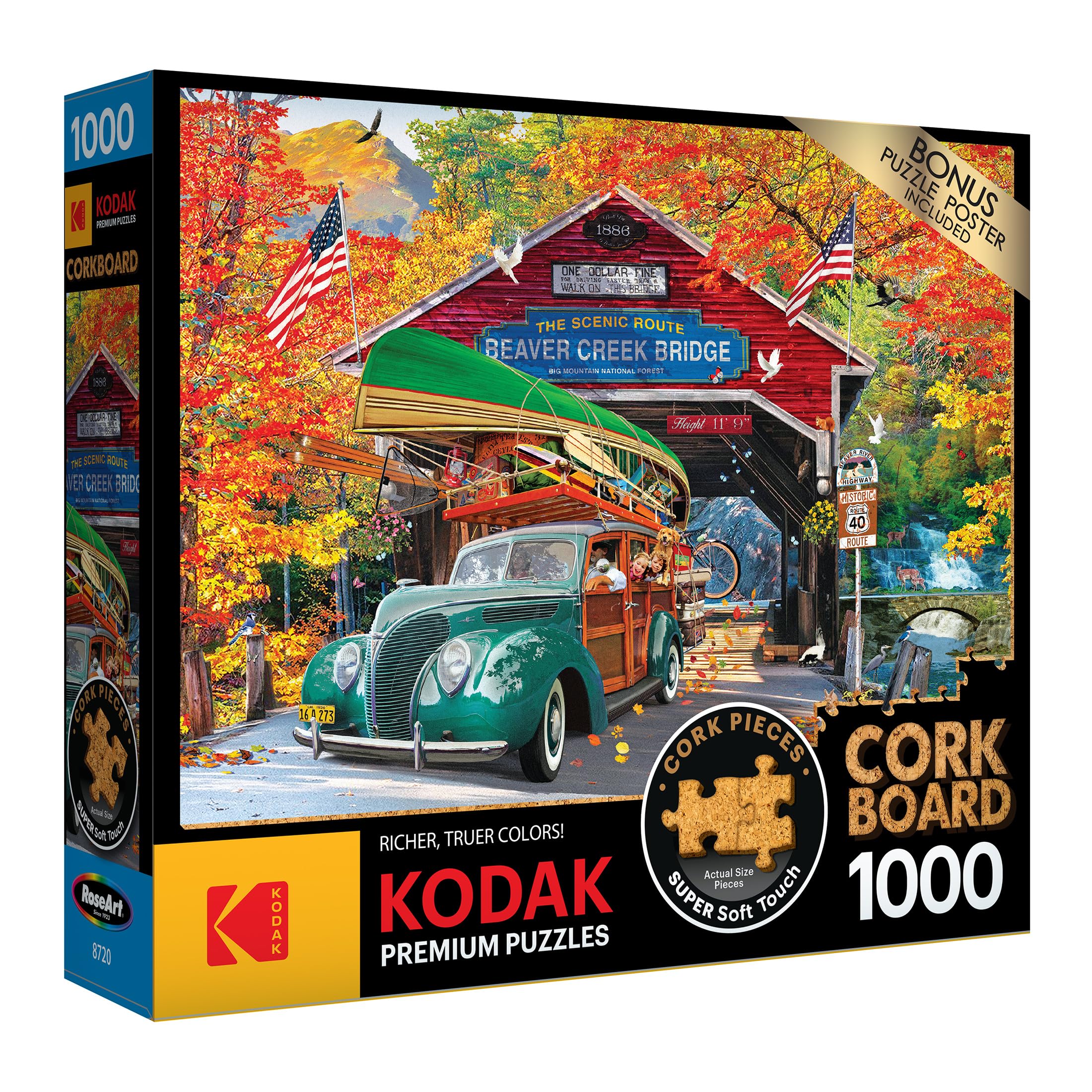 RoseArt Kodak Premium Cork 1000-Piece Jigsaw Puzzle: Covered Bridge Autumn Scene