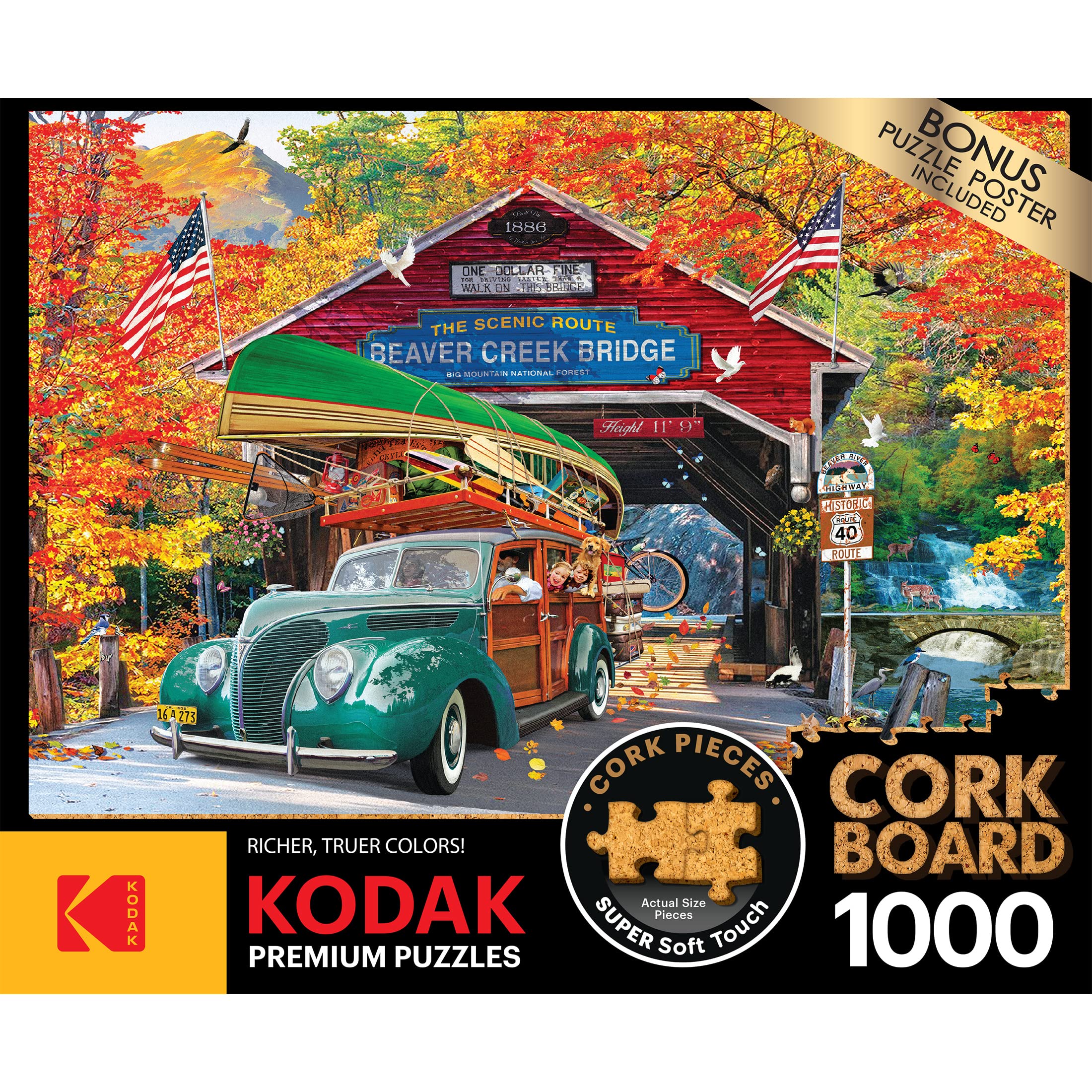 RoseArt Kodak Premium Cork 1000-Piece Jigsaw Puzzle: Covered Bridge Autumn Scene