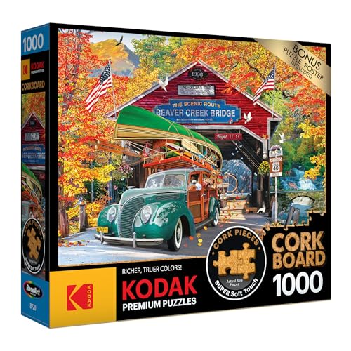 RoseArt Kodak Premium Cork 1000-Piece Jigsaw Puzzle: Covered Bridge Autumn Scene