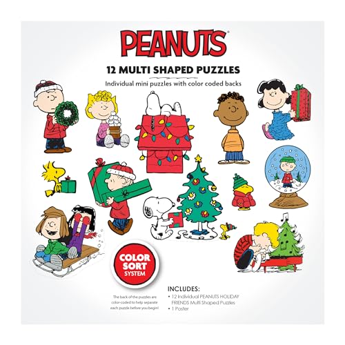 RoseArt Peanuts Holiday Friends 12 Mini Shaped Jigsaw Puzzle Set with Bonus Poster