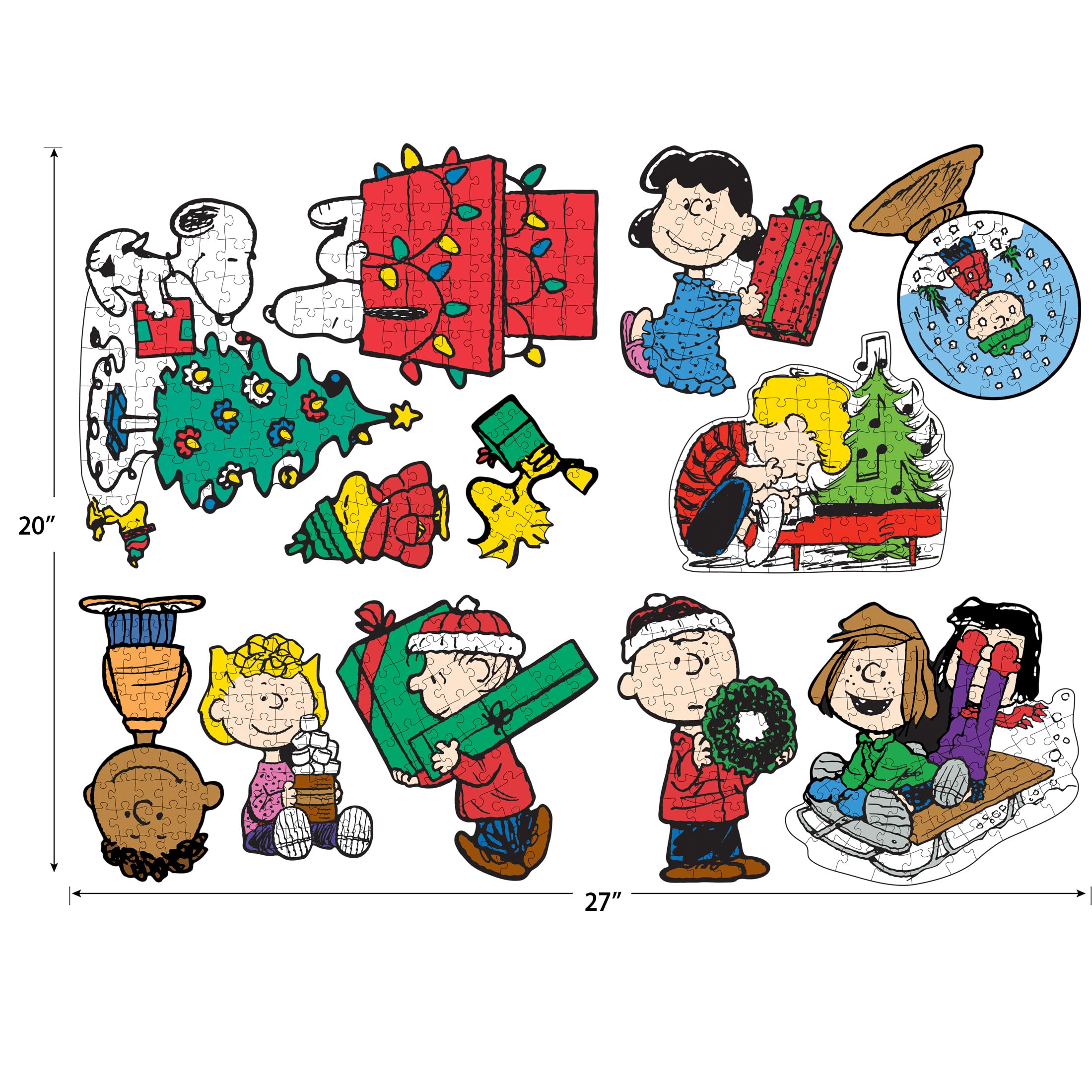 RoseArt Peanuts Holiday Friends 12 Mini Shaped Jigsaw Puzzle Set with Bonus Poster