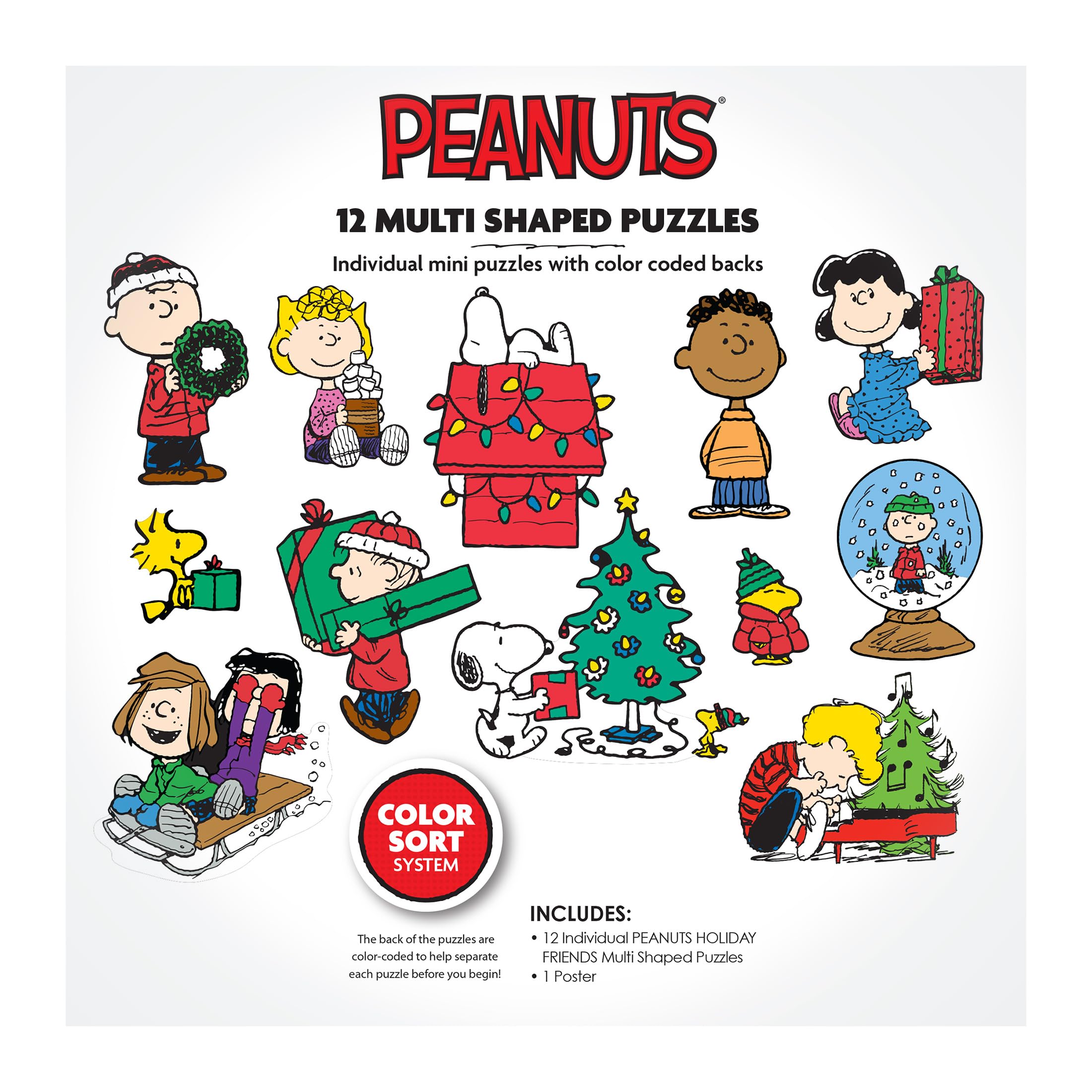 RoseArt Peanuts Holiday Friends 12 Mini Shaped Jigsaw Puzzle Set with Bonus Poster