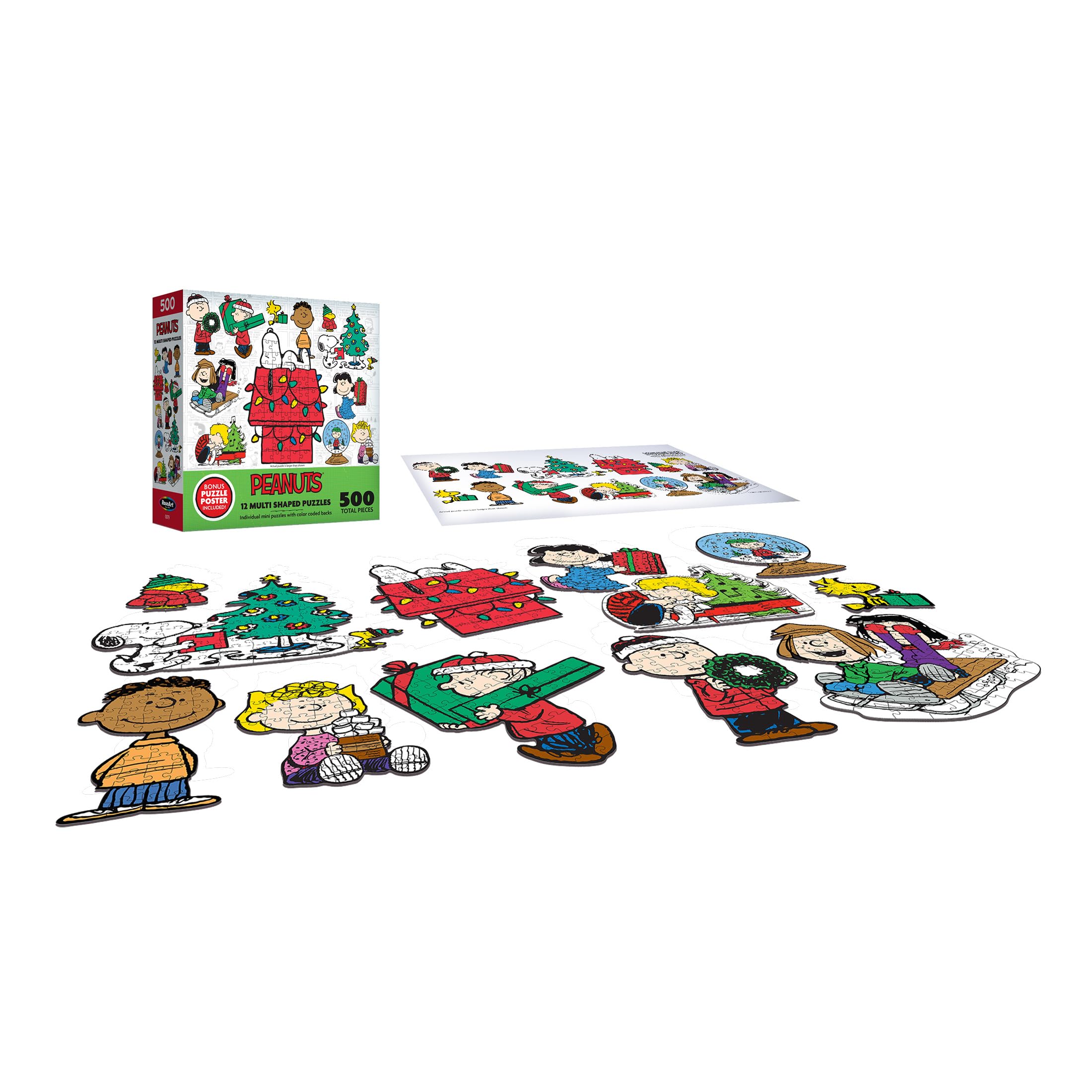 RoseArt Peanuts Holiday Friends 12 Mini Shaped Jigsaw Puzzle Set with Bonus Poster