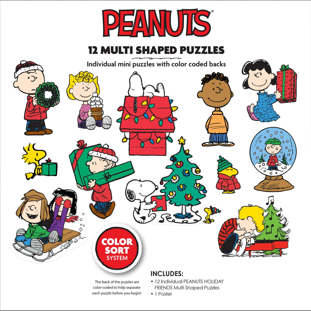 RoseArt Peanuts Holiday Friends 12 Mini Shaped Jigsaw Puzzle Set with Bonus Poster