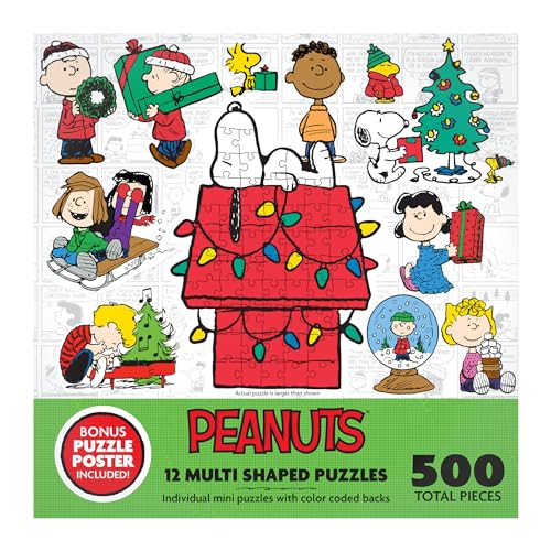 RoseArt Peanuts Holiday Friends 12 Mini Shaped Jigsaw Puzzle Set with Bonus Poster