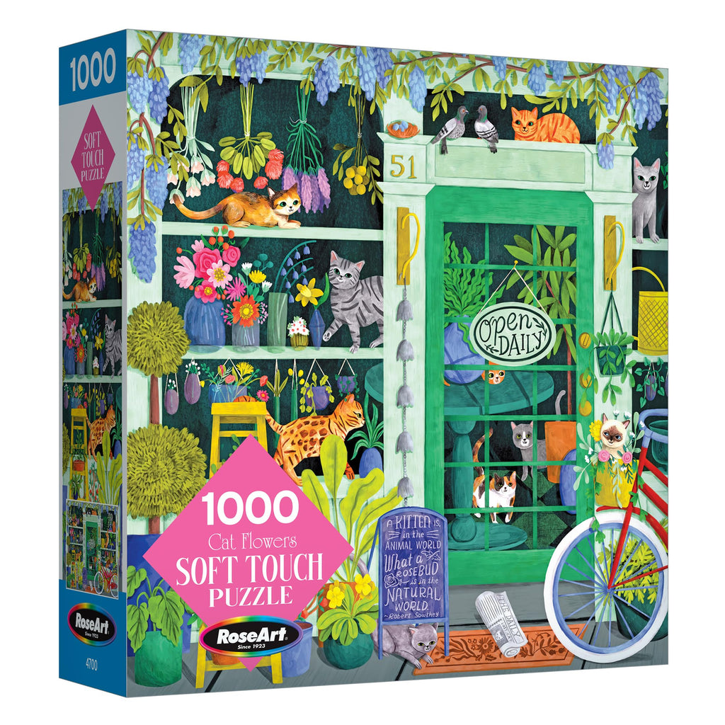 RoseArt Soft Touch 1000-Piece Jigsaw Puzzle 'Cat Flowers' – Velvety Finish, Glare-Free, with Poster