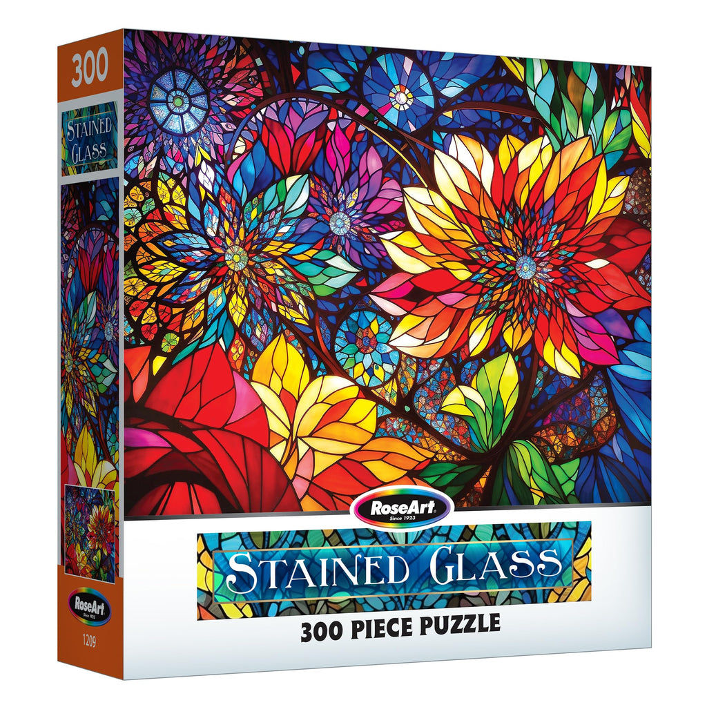 RoseArt Stained Glass Flowers 300-Piece Jigsaw Puzzle – 24x18 Inch Finished Size