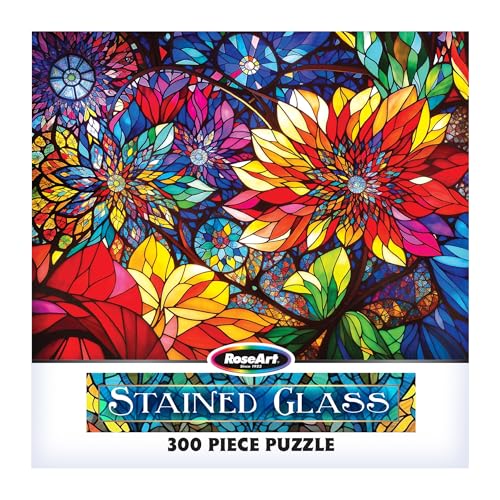RoseArt Stained Glass Flowers 300-Piece Jigsaw Puzzle – 24x18 Inch Finished Size