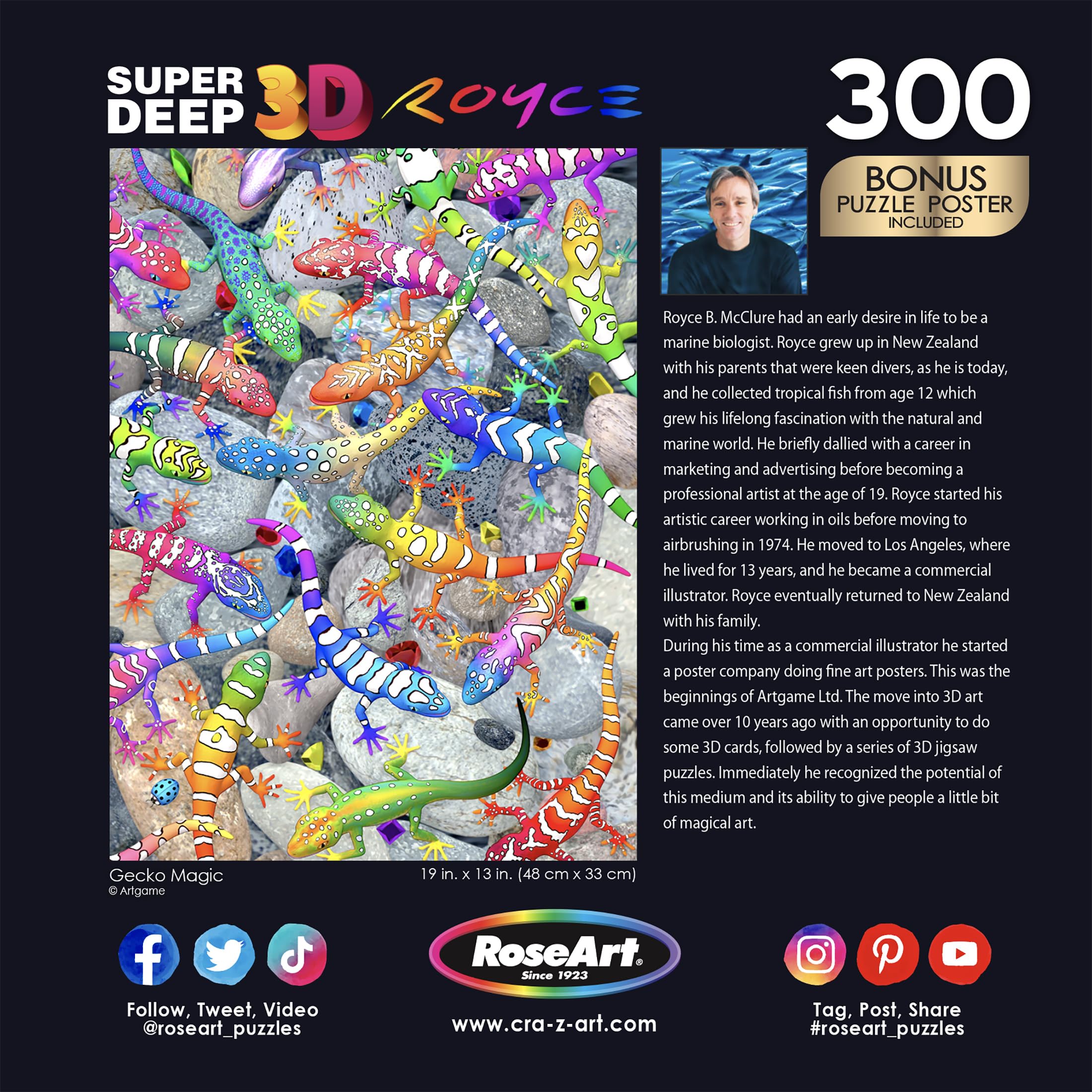 RoseArt Super Deep 3D Gecko Magic 300-Piece Jigsaw Puzzle – Colorful Interlocking Puzzle for Adults