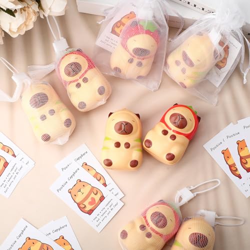 RoundFunny 12-Pack Capybara Stress Balls with Inspirational Cards & Organza Bags - Mini Squeeze Toys for Employee Gifts, Party Favors